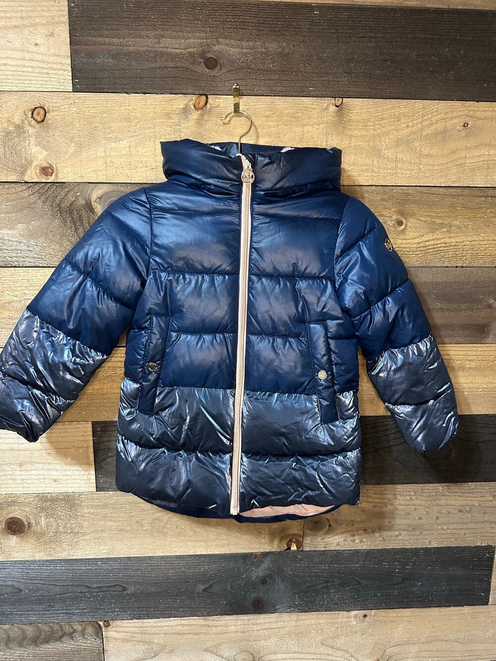 MICHAEL KORS Girl’s Navy Rose Gold Hooded Winter Coat Puffer Jacket Size 5/6 EUC